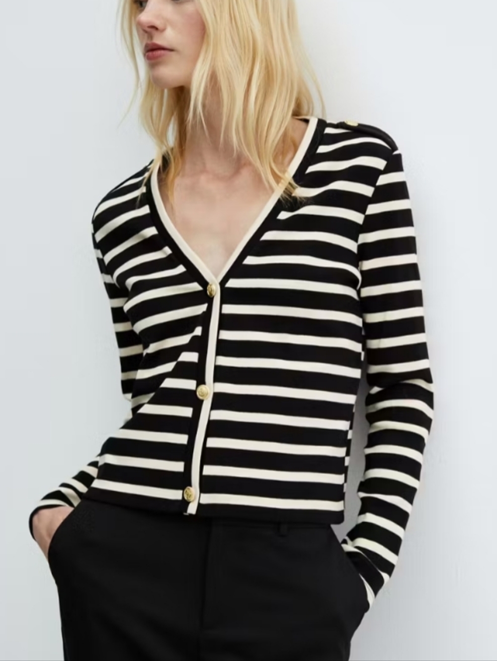 Mango Porta Striped Black and Cream V-Neck Button Cardigan Sweater